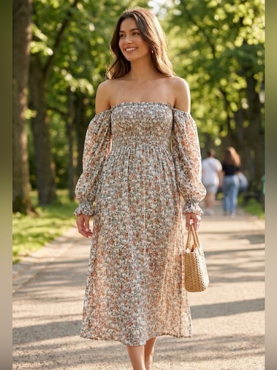 elloh Dresses & Skirts - Elloh Women’s Floral Off-the-Shoulder Smocked Midi Dress - Size Medium